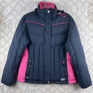 LL Bean Goose Down Puffer Jacket Womens M Black Pink Hooded Winter Coat 0PG77
